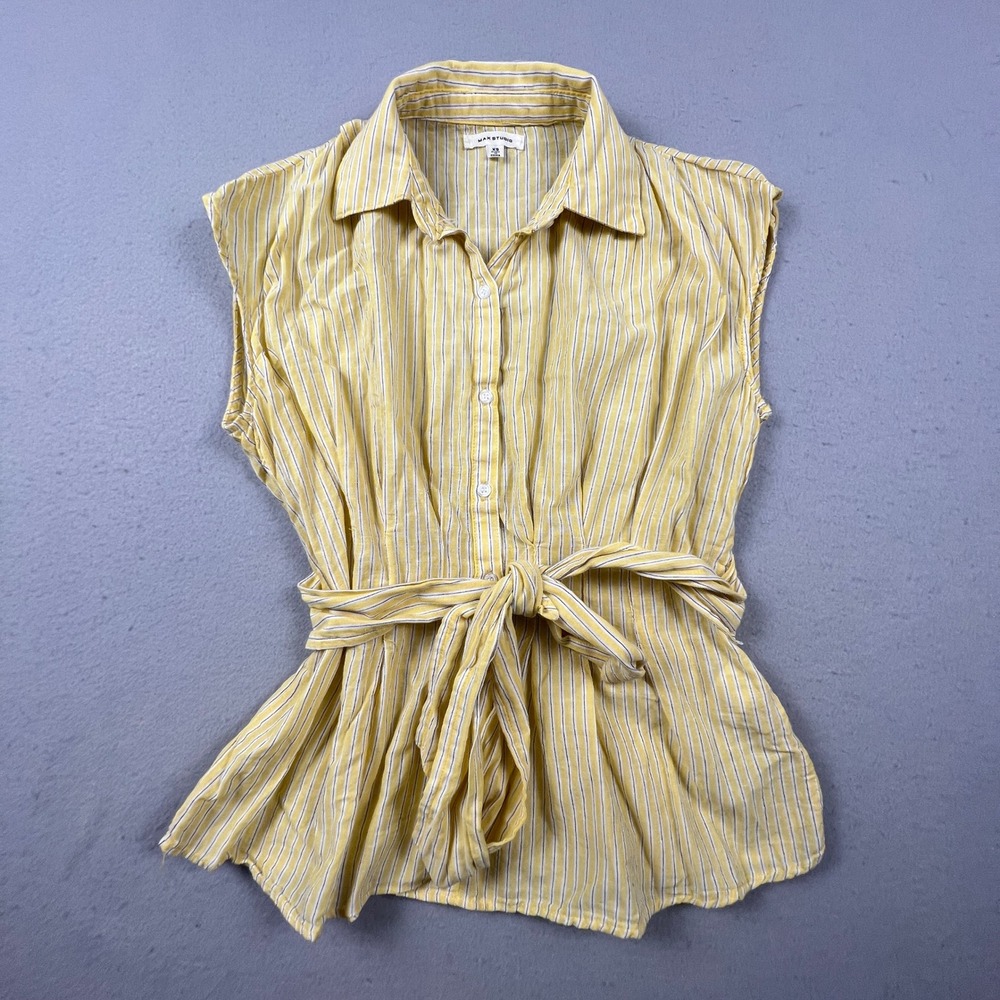 Max Studio Sleeveless Button Down Top‎ Womens XS Yellow Striped Tie Waist Peplum